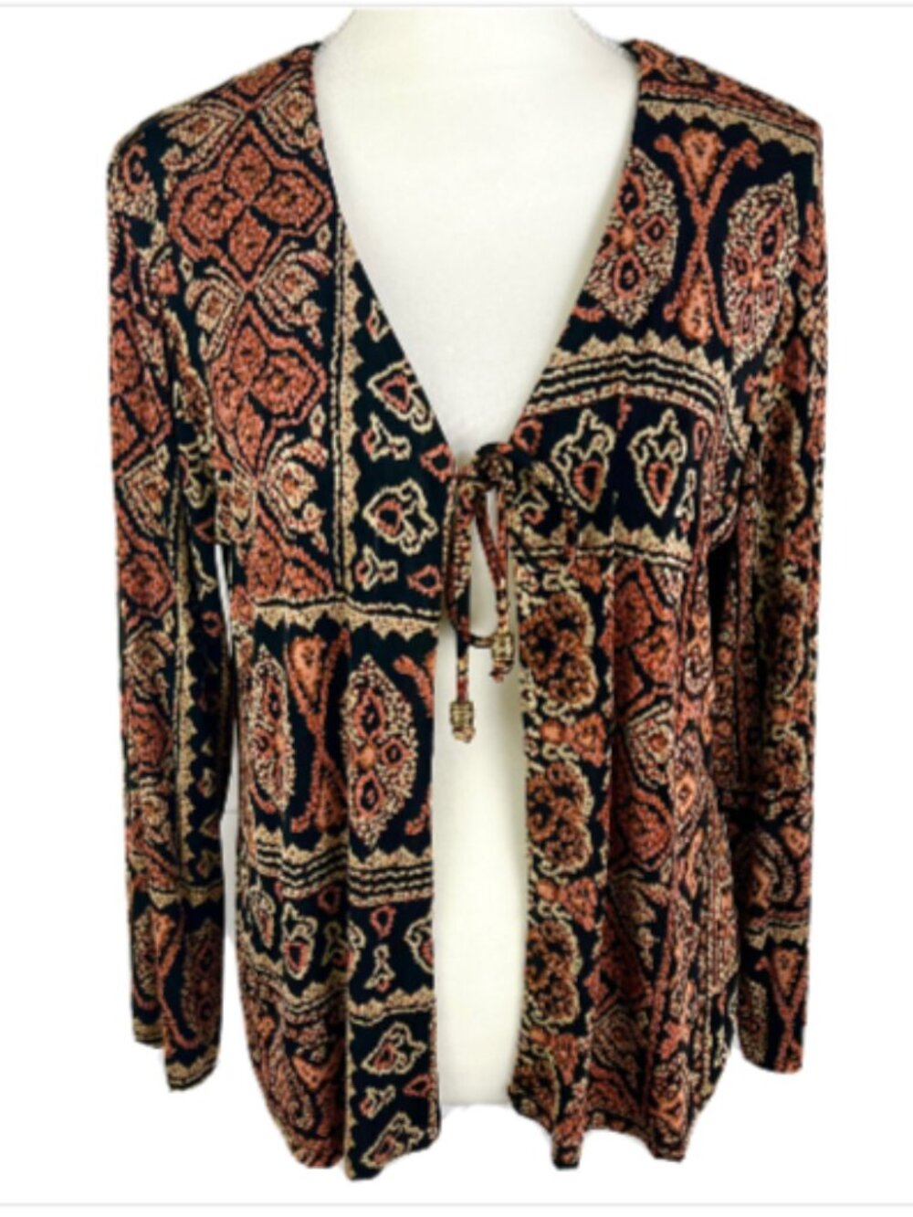 Vintage Mirasol Women L Black Brown Babydoll Tie Top Long Sleeve